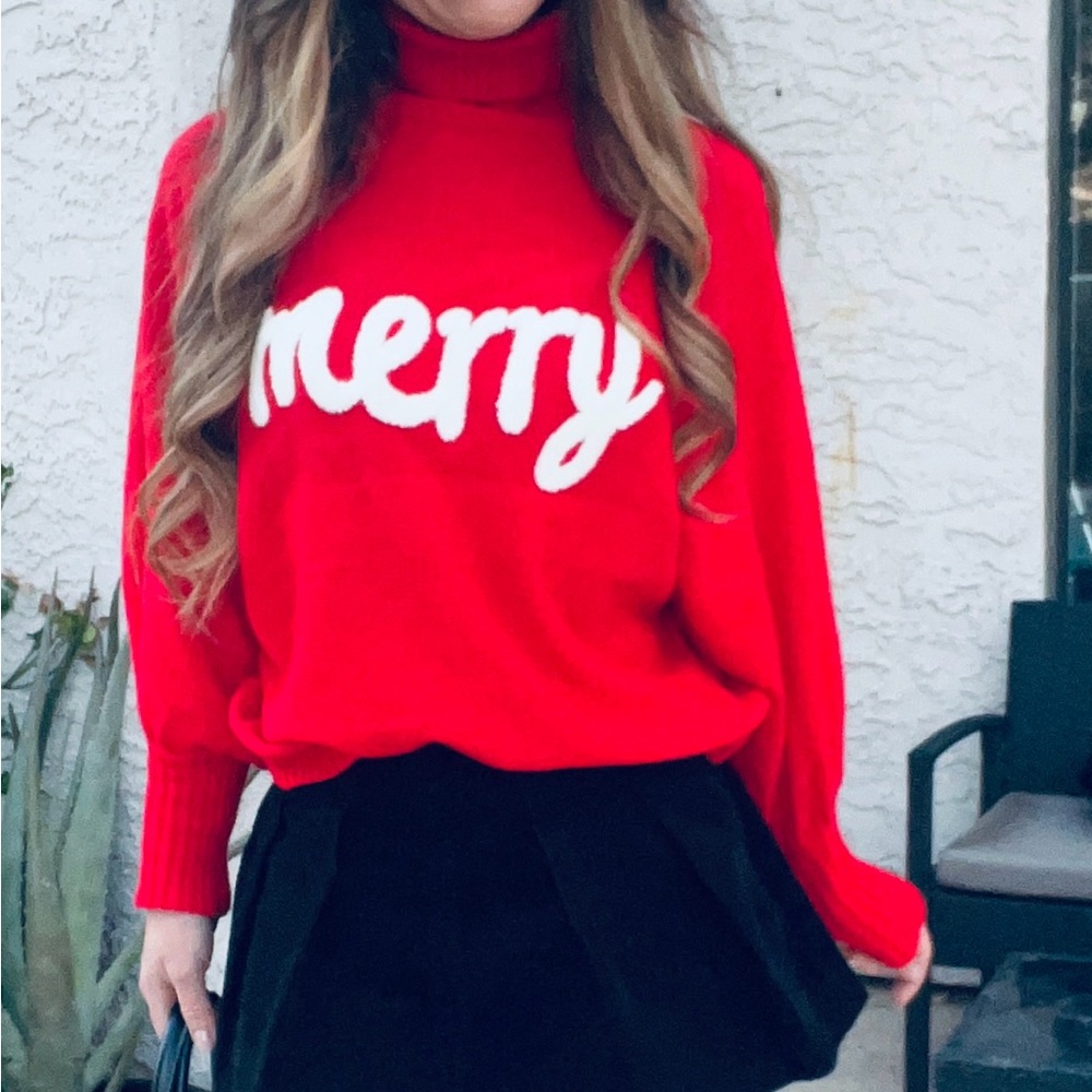 Red Turtleneck Sweater with 'Merry' Design - Picture 3 of 3
